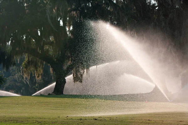 Powerful Spinklers Soak A Golf Course Fairway