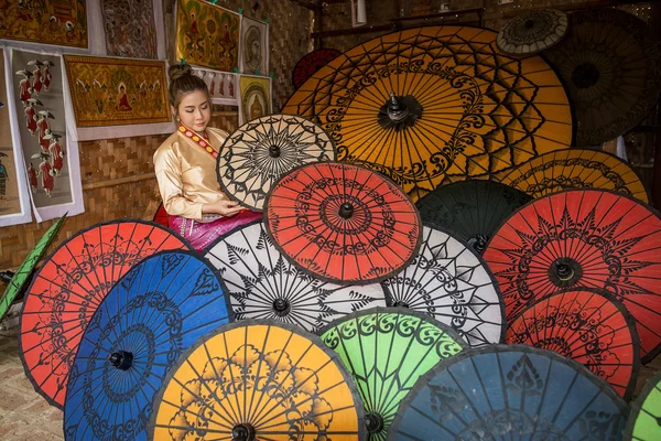 Asian Women in Colorful Umbrella Souvenier Shop at Bagan, Mandal