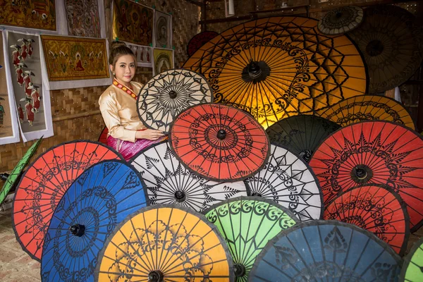 Asian Women in Colorful Umbrella Souvenier Shop at Bagan, Mandal