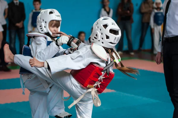 Orenburg, Russia - 23 April 2016: Taekwondo compete girls.