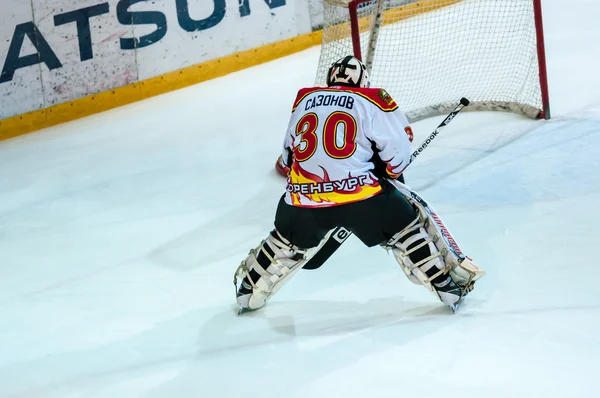 A fragment of the hockey penalty shot performed by the young hockey player