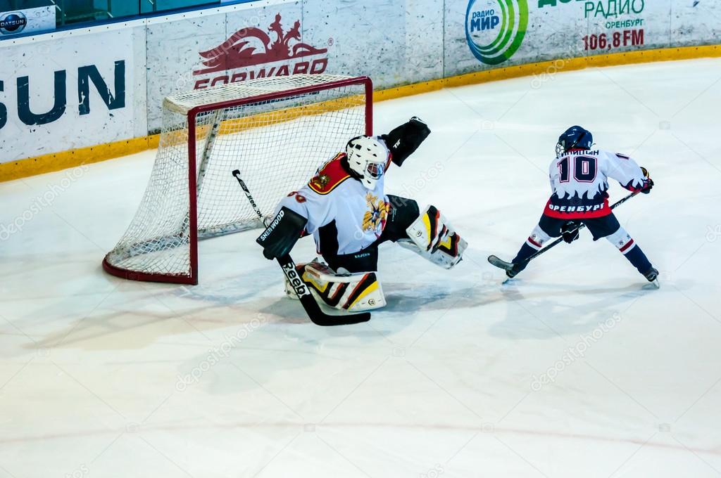 A fragment of the hockey penalty shot performed by the young hockey
