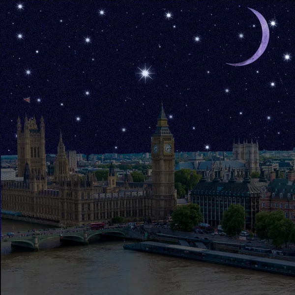 Cityscape Silhouette with houses of Parliament , Big Ben and  Westminster Abbey on abstract dark starry sky background. London. UK