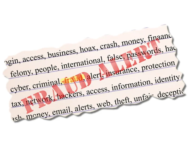 Fraud highlighted on paper full of related terms with a stamp over the top