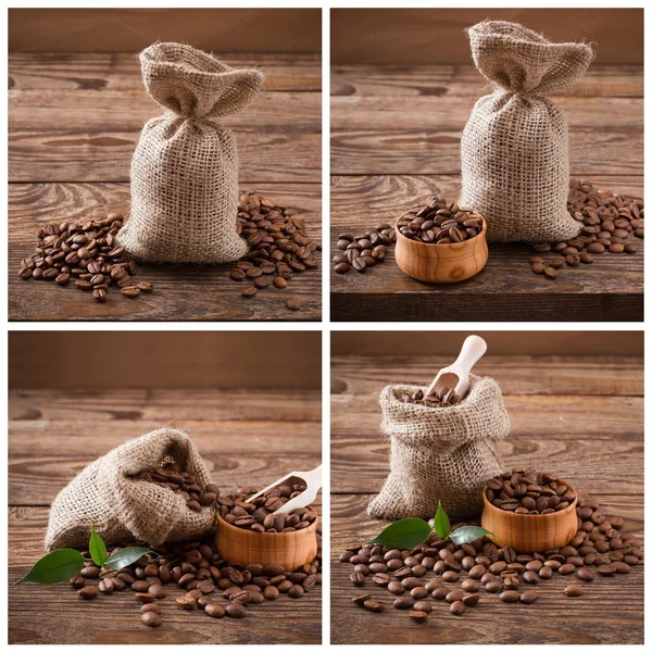 Coffee beans on wood background, coffee beans in bag and green leaf. Coffee Collage