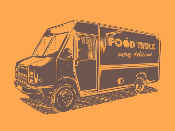Painted vector food truck on a orange background.