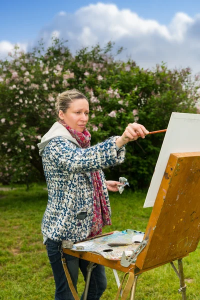 Female professional middle-aged  undistracted painter painting m