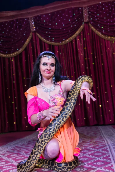 Exotic Dancer Kneeling on Stage with Large Snake