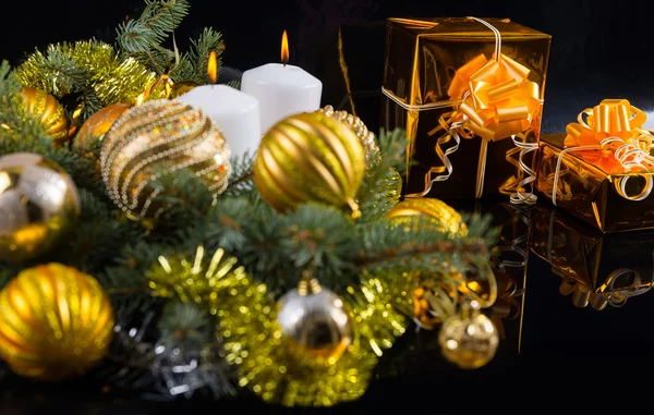 Colorful gold themed Christmas still life