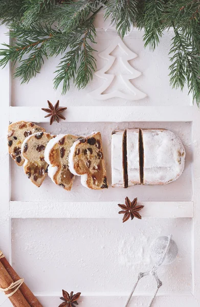 Christmas stollen dusted with icing sugar