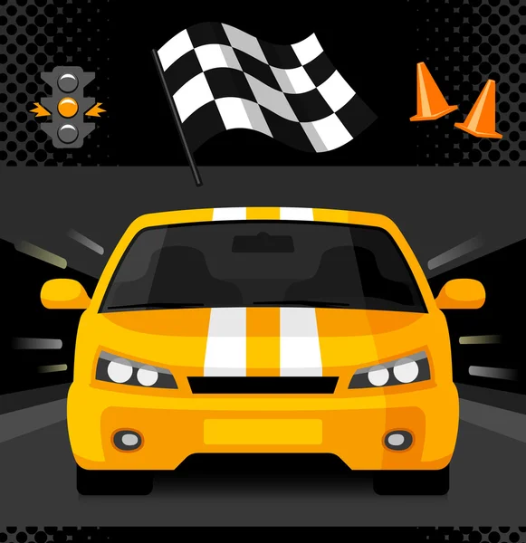 Yellow street racing car with sport checkered flag