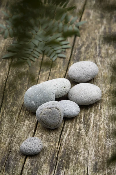 Pebbles on weathered wood