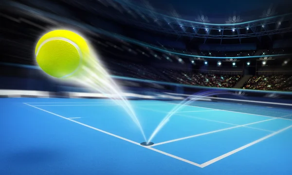 Flying tennis ball on a blue court in motion blur