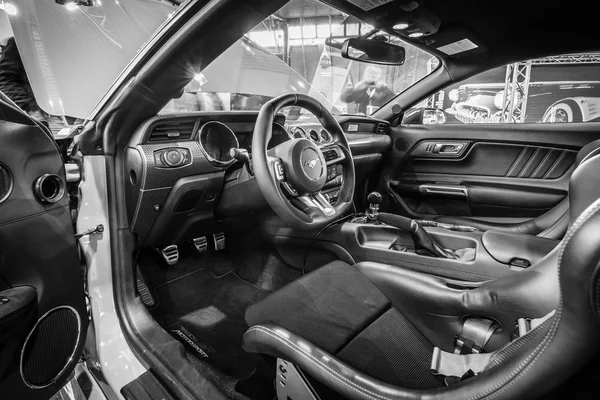 Cabin of pony car Ford Mustang GT fastback coupe (sixth generation), 2015
