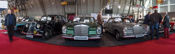Panoramic view of the vintage models of Mercedes-Benz cars.