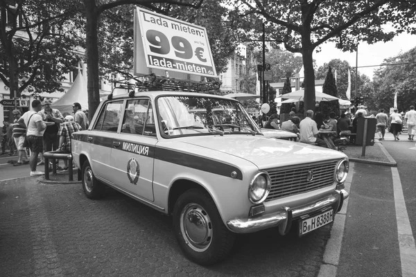 The popular Soviet car VAZ 2101 in the colors of the traffic police of the USSR.