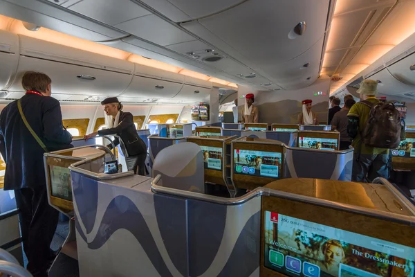 Interior of business class of the world's largest aircraft Airbus A380. Emirates Airline