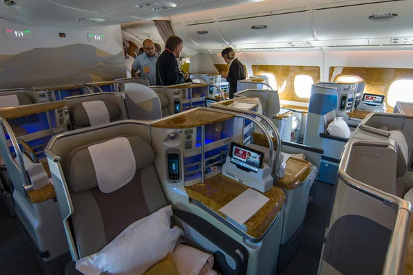 Interior of business class of the world\'s largest aircraft Airbus A380. Emirates Airline