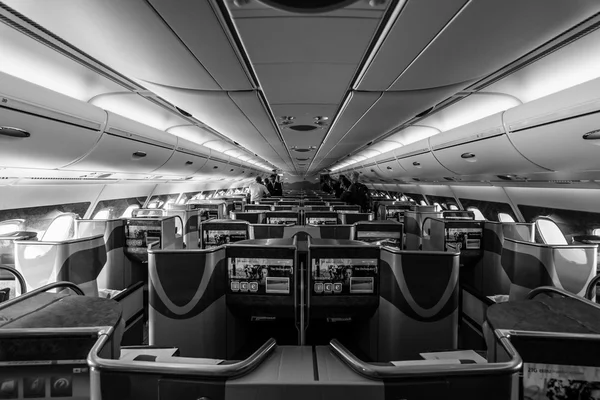 Interior of business class of the world\'s largest aircraft Airbus A380. Emirates Airline.