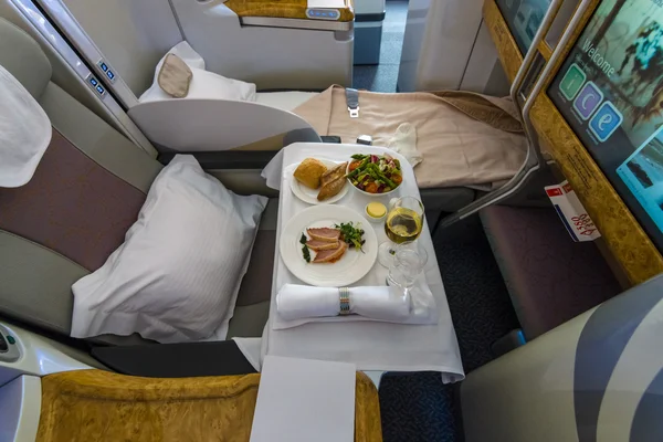 Passenger\'s menu of business class of the world\'s largest aircraft Airbus A380. Emirates Airline.
