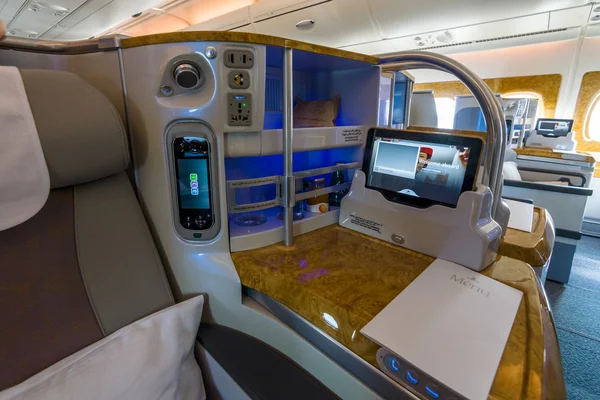 Interior of business class of the world\'s largest aircraft Airbus A380. Emirates Airline.