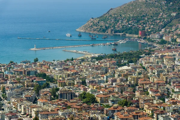 Alanya, sea port and the Mediterranean Sea from the bird\'s-eye view. Turkey.
