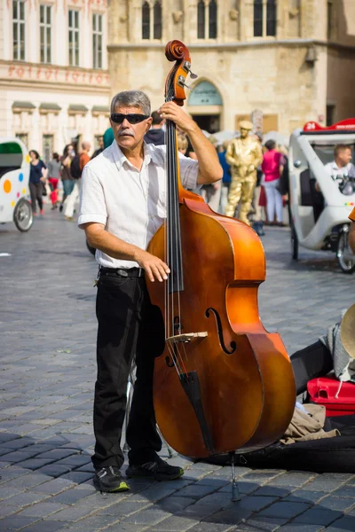 Performance of street musicians performing music in the style of jazz