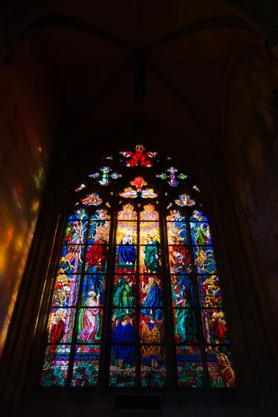 Stained glass window of the Metropolitan Cathedral of Saints Vitus, Wenceslaus and Adalbert. The cathedral is an excellent example of Gothic architecture.