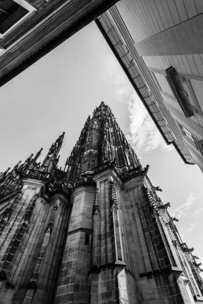 Facade of the Metropolitan Cathedral of Saints Vitus, Wenceslaus and Adalbert. Black and white. Prague. Czech Republic.