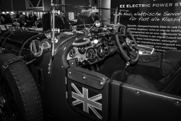 Cabin of the sports car Bentley Blower. Black and white.