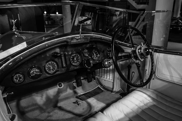 Showroom. Cabin of a Rolls-Royce Phantom I Experimental Sports Tourer by Barker & Co., 1926. Black and white.