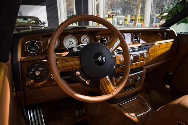 Showroom. Cabin of a luxury car Rolls-Royce Phantom Drophead Coupe.