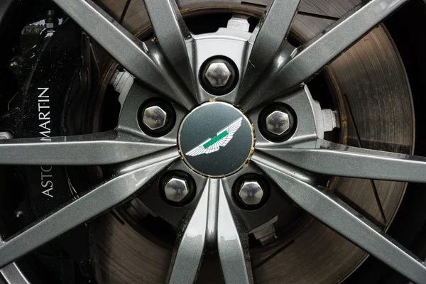 The front brakes of a luxury sports car Aston Martin V8 Vantage N430 (since 2015). The Classic Days on Kurfuerstendamm.