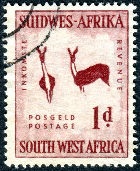 Postage stamp printed in South-West Africa, shows Gazelles, rock paintings in Brandberg Mountain