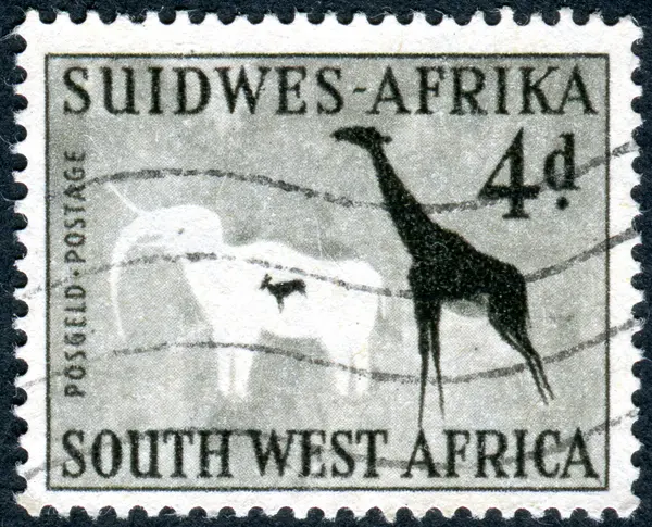 Postage stamp printed in South-West Africa, shows Elephant and giraffe, rock painting in the Phillips Cave, Erongo Mountains