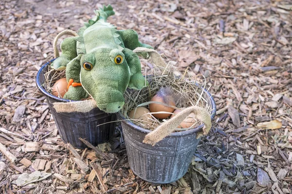 Stuffed Toy Alligator Guarding Freshly Laid Brown Eggs