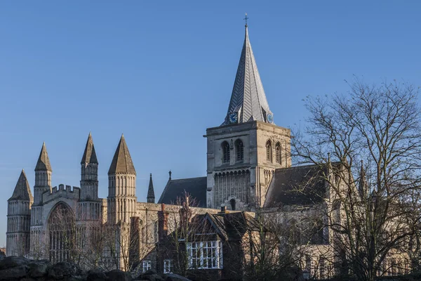View of Rochester Cathedral in Kent which is the second oldest cathedral in England, founded 604 AD. The cathedral attracts thousands of visitors and pilgrims each year.