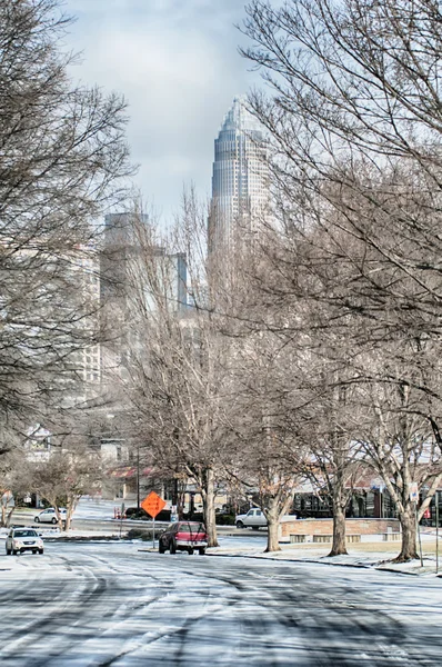 Snow and ice covered city and streets of charlotte nc usa