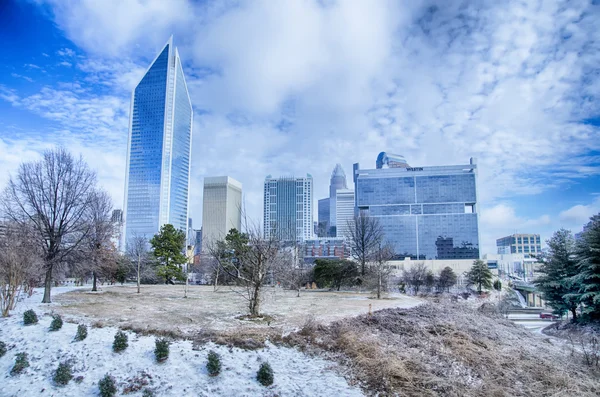 Snow and ice covered city and streets of charlotte nc usa