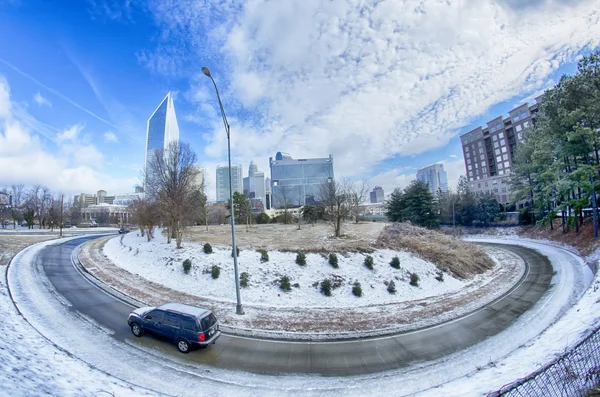 Snow and ice covered city and streets of charlotte nc usa