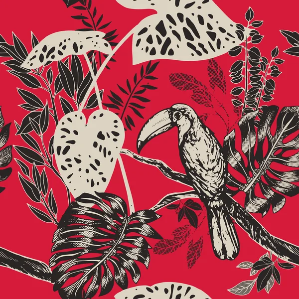 Vintage style tropical birds background, fashion seamless pattern with floral plant and exotic bird