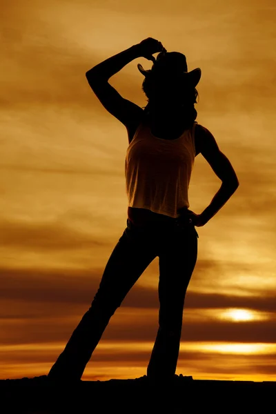 Silhouette of   cowgirl at sunset