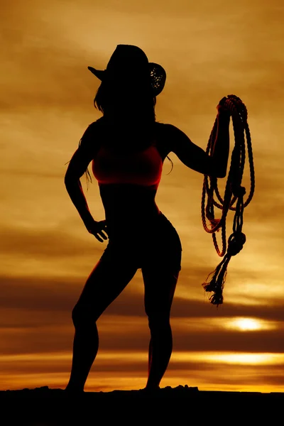 Silhouette of cowgirl holding rope