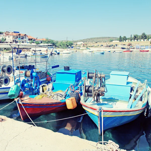 Multicolored fishing boats in Halkidiki, Greece.