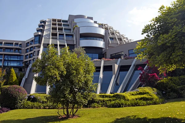 Contemporary building of luxury resort hotel and garden in Belek, Turkey.
