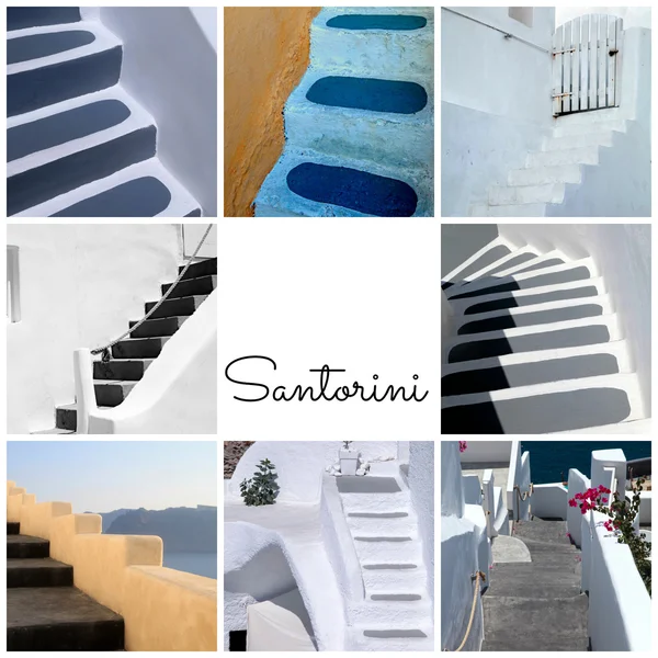 Travel photo collage with detail of greek old steps, Santorini i