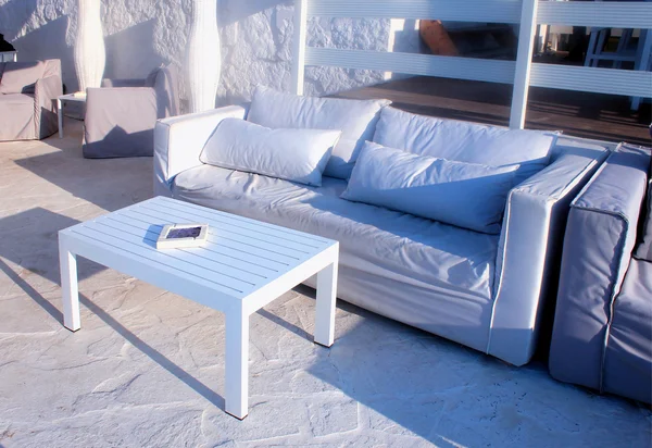 Beautiful relax terrace with white sofa, Grete, Greece.