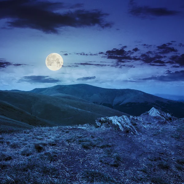 Light on stone mountain slope with forest at night