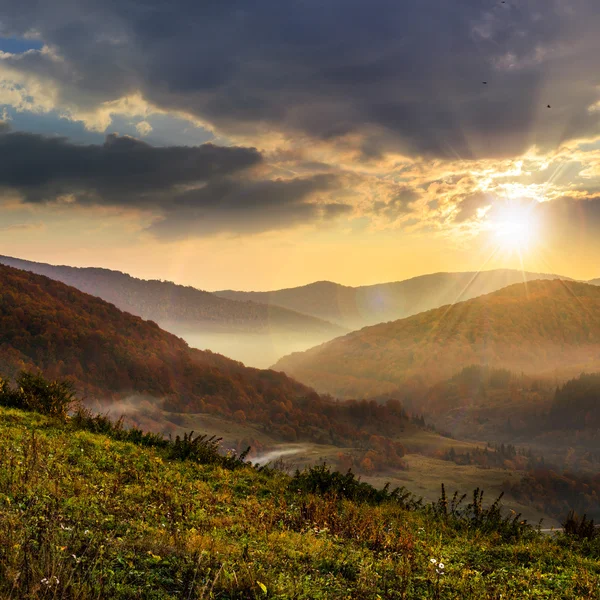 Cold fog in mountains at sunset