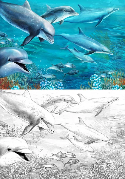 Cartoon coral reef with dolphins